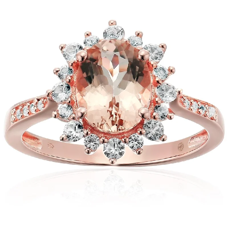 Set stone ring-Rose Gold-plated Silver Morganite, Created White Sapphire Ring, Size 7 - Pink