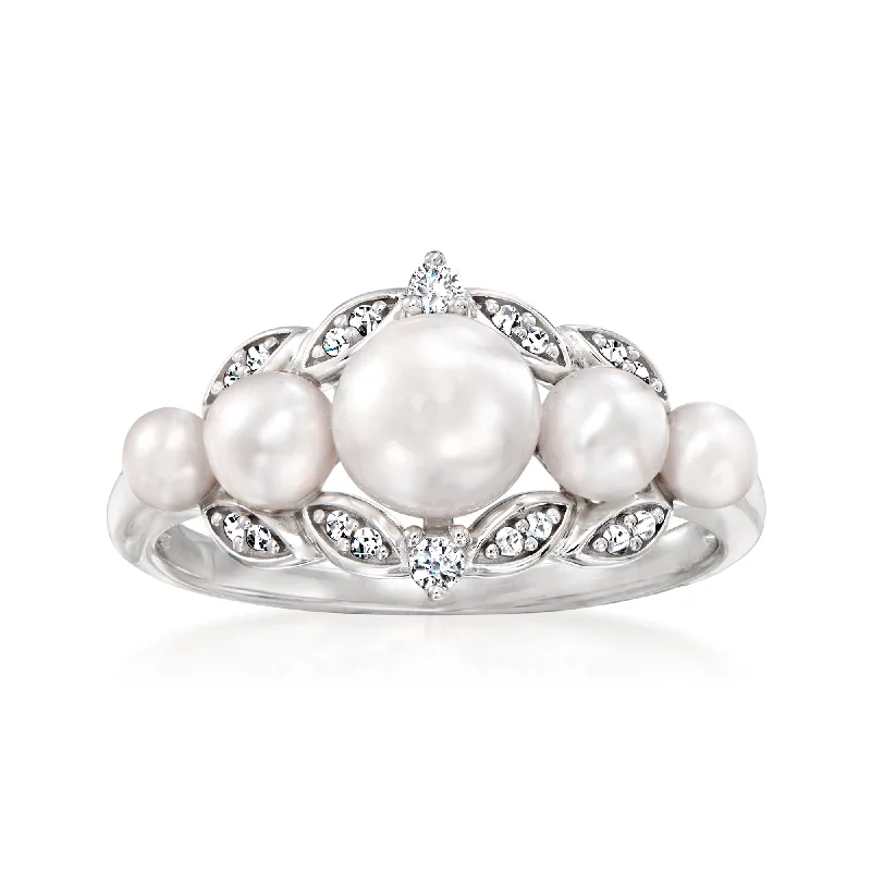 Twisted coil ring-Ross-Simons 3-6.5mm Cultured Pearl Ring With . Diamonds in Sterling Silver