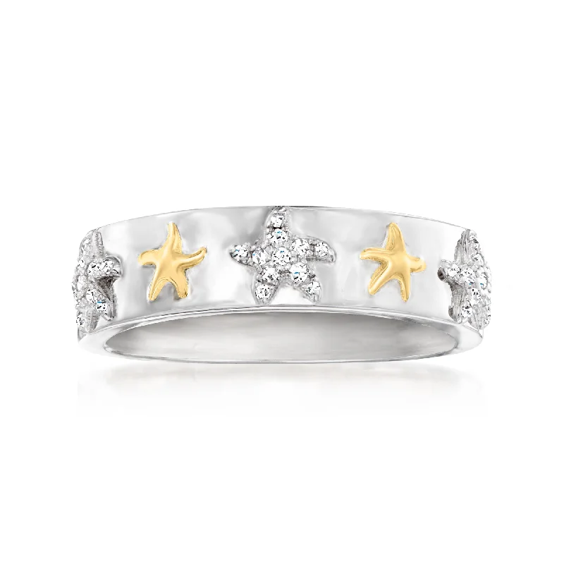 Glossy titanium ring-Ross-Simons Diamond Starfish Ring in 2-Tone Sterling Silver