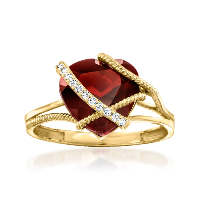 Plaited ring-Ross-Simons Garnet Heart Ring With Diamond Accents in 14kt Yellow Gold