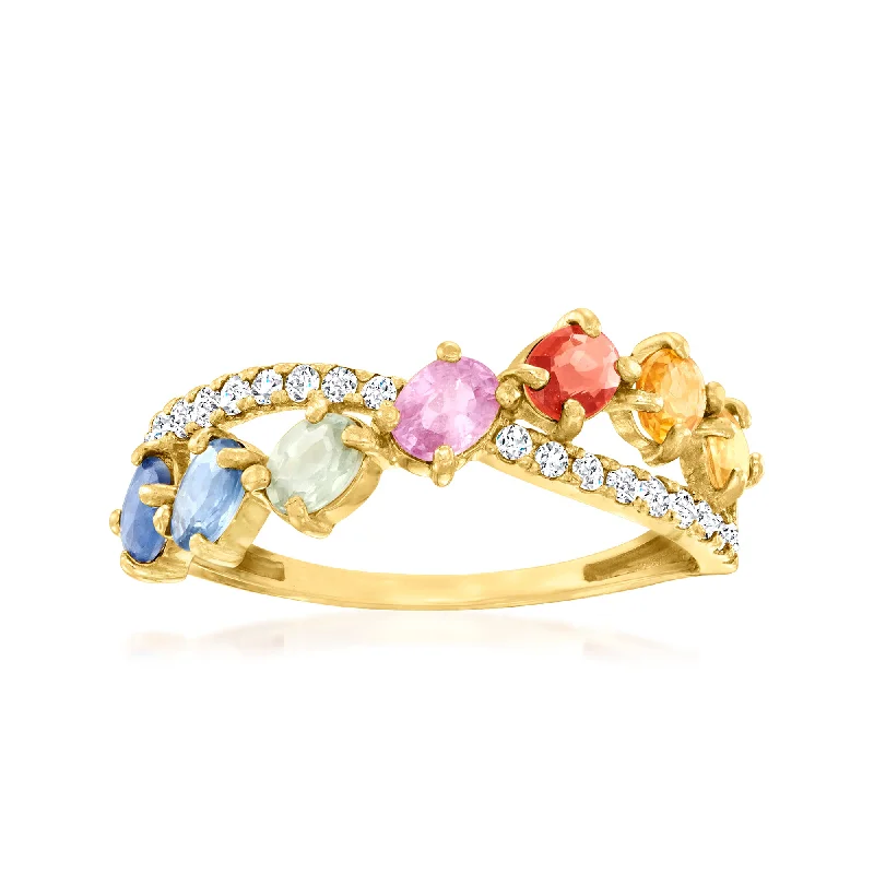 Twisted coil ring-Ross-Simons Multicolored Sapphire and . Diamond Crisscross Ring in 14kt Yellow Gold