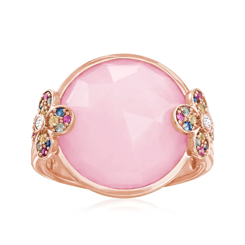 Sunbeam ring-Ross-Simons Pink Opal and Multicolored Sapphire Floral Ring With White Topaz Accents in 18kt Rose Gold Over Sterling