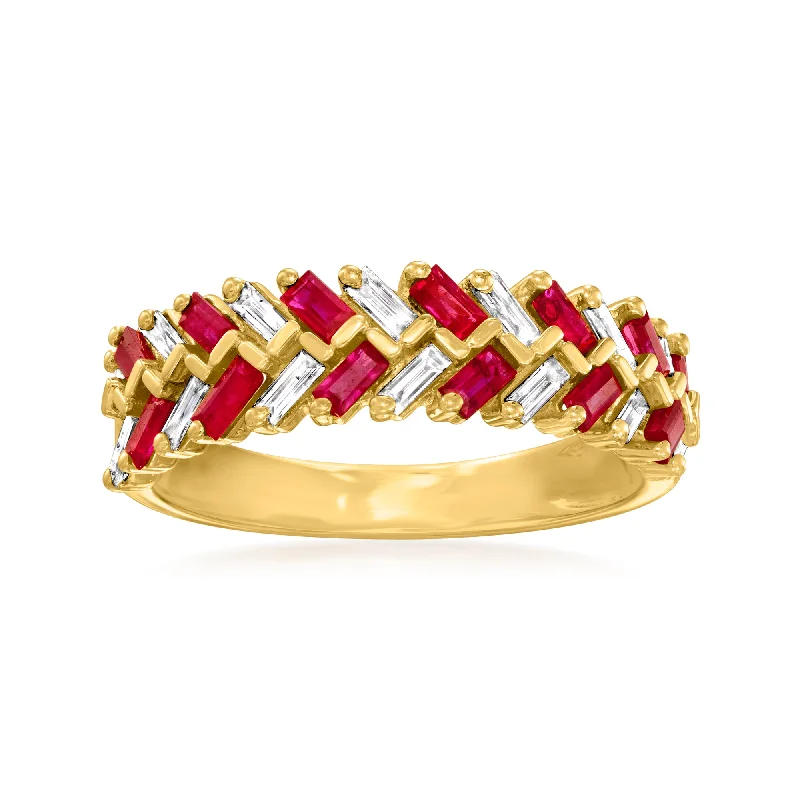 Glimmering silver ring-Ross-Simons Ruby and . Diamond Baguette Ring in 14kt Yellow Gold