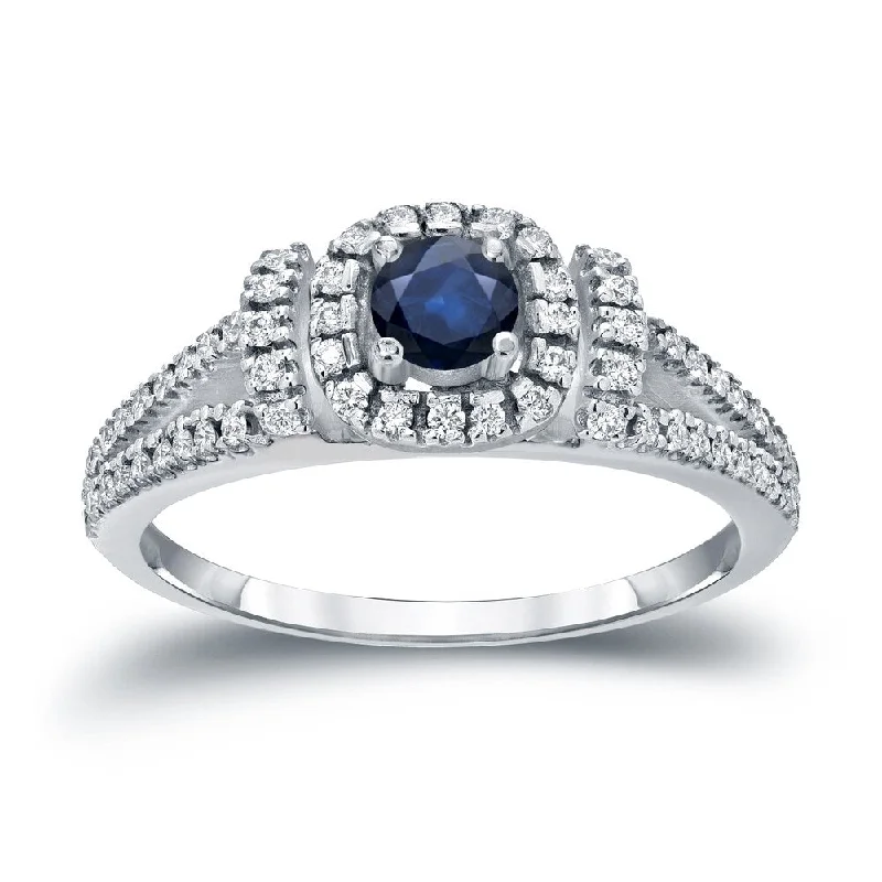 Pleated edge ring-Round 1/5ct Blue Sapphire and 1/3ct TDW Diamond Halo Engagement Ring in 14k Gold by Auriya