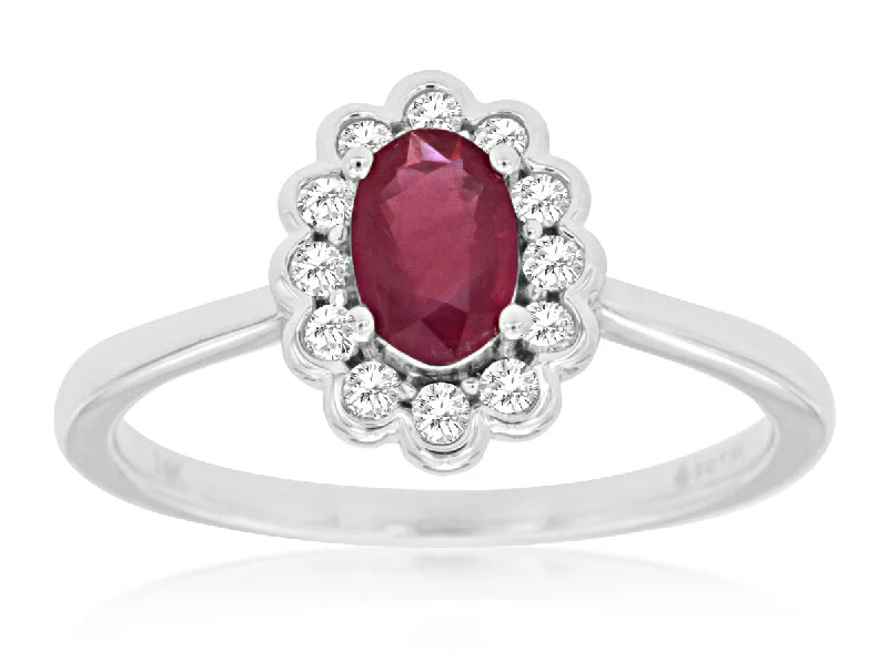 High-dome cabochon ring-Ruby and Diamond 14k White Gold Ring Size 7  (98934)