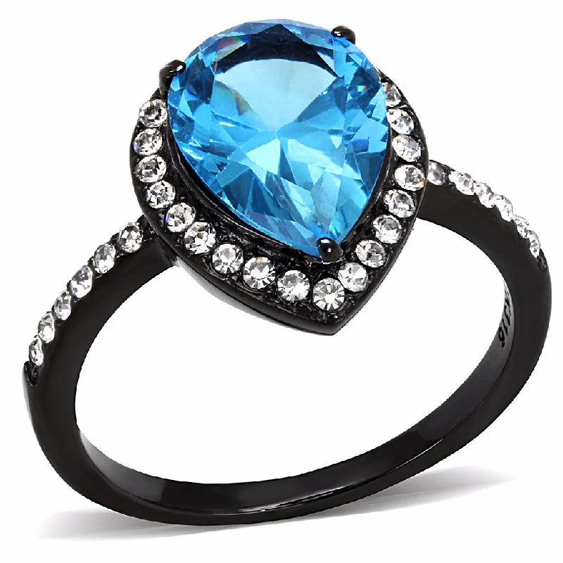 Linked band ring-Sea Blue 11x8.5mm Pear Cut CZ Center Black IP Stainless Steel Cocktail Ring