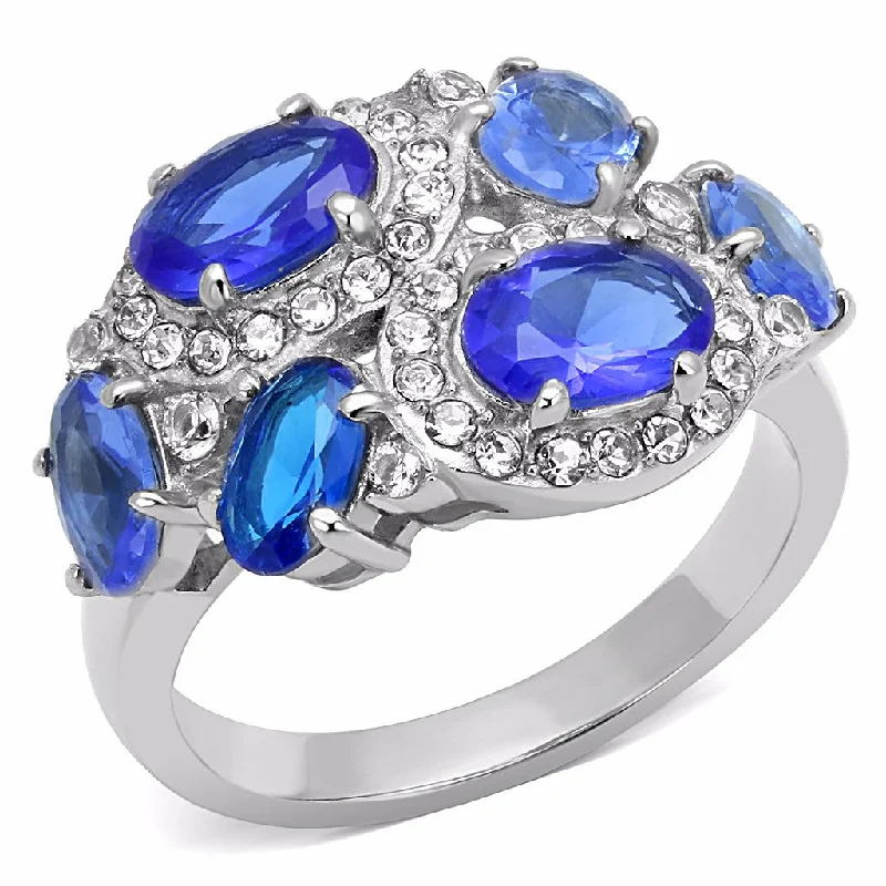 Ethnic scored ring-6 Royal Blue Oval CZs Scattered on Stainless Steel Band Ring