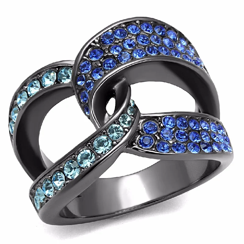 Clasped stone ring-Sky Blue and Admiral Blue CZs set in IP Light Black Stainless Steel Band