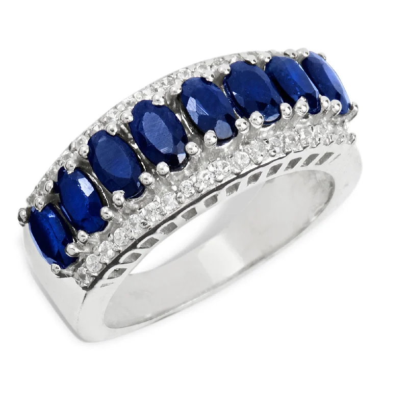 Offset gem ring-STERLING 925 BLUE SAPPHIRE & WHITE ZIRCON BAND