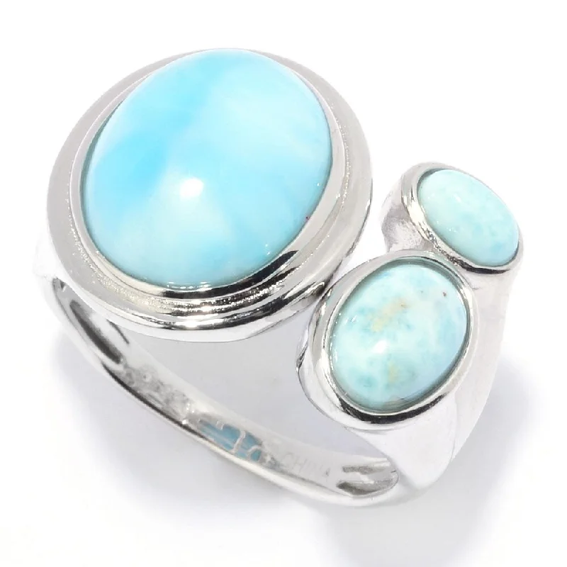 Smooth gem ring-Sterling Silver 12 x 10mm Oval Shaped Larimar Bypass Ring