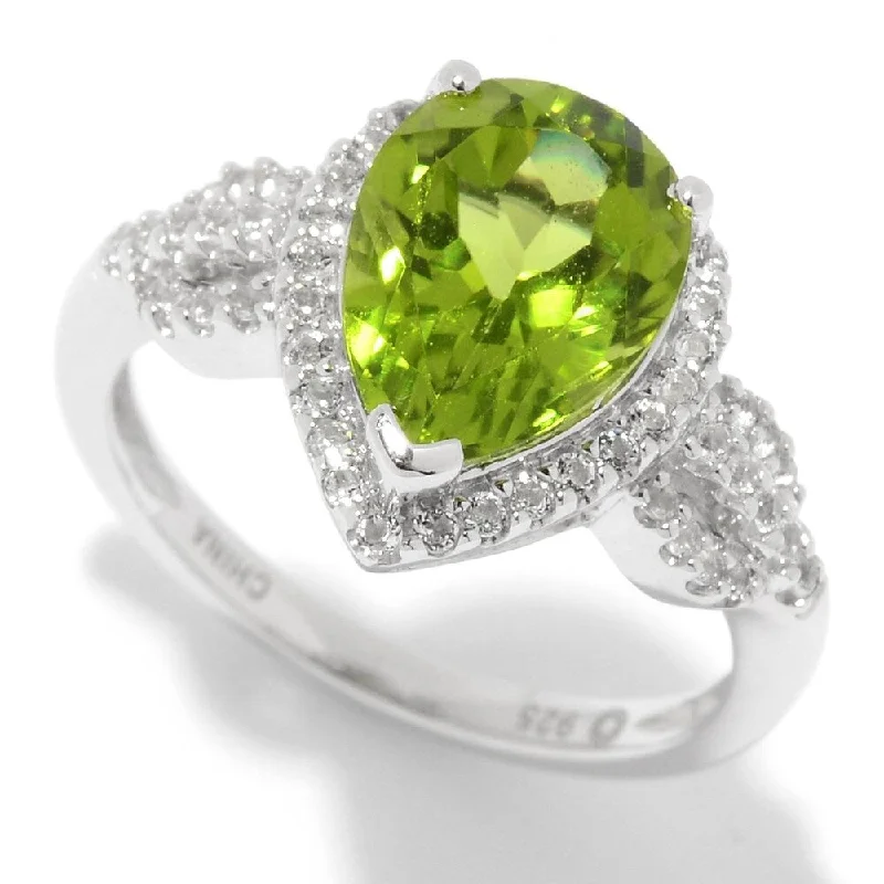 Heptagonal gem ring-Sterling Silver 3.35ctw Pear Cut Peridot & White Topaz Halo Ring