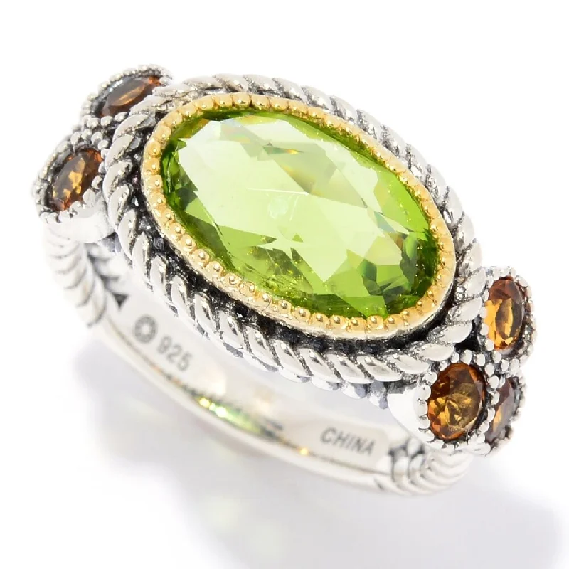 Peaked band ring-Sterling Silver 3.55ctw Oval Peridot & Citrine Rope Detailed Ring