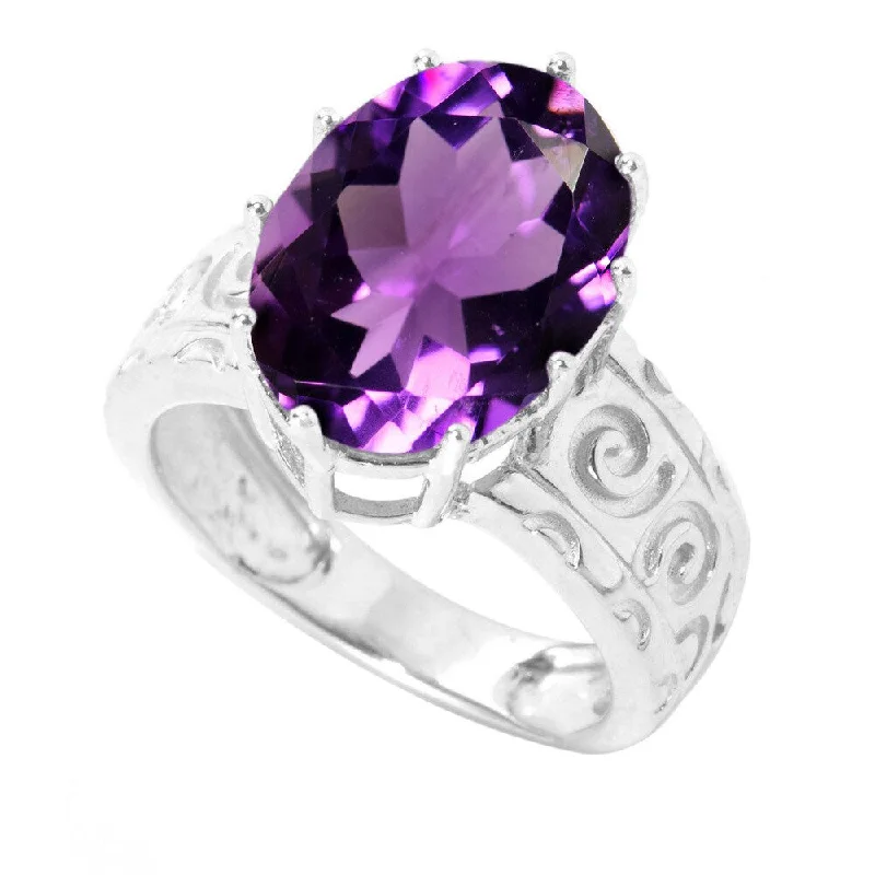 Thick shank ring-Sterling Silver 5.46cttw Oval Amethyst Solitaire Swirl Engravework Ring