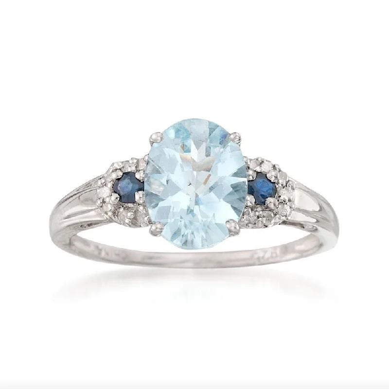 Satin gold ring-Sterling SIlver 925 Aquamarine,Blue Sapphire,Diamond Solitaire w/ accent Ring