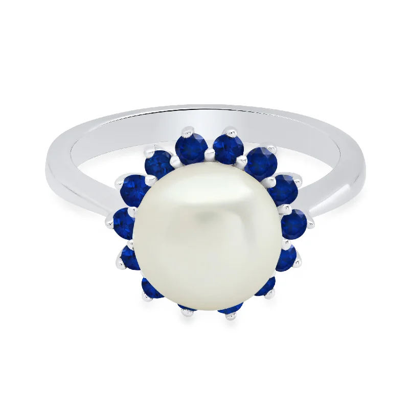 Lush gold ring-Sterling Silver 9MM Cultured Pearl and Created Blue Sapphire Ring Size 7