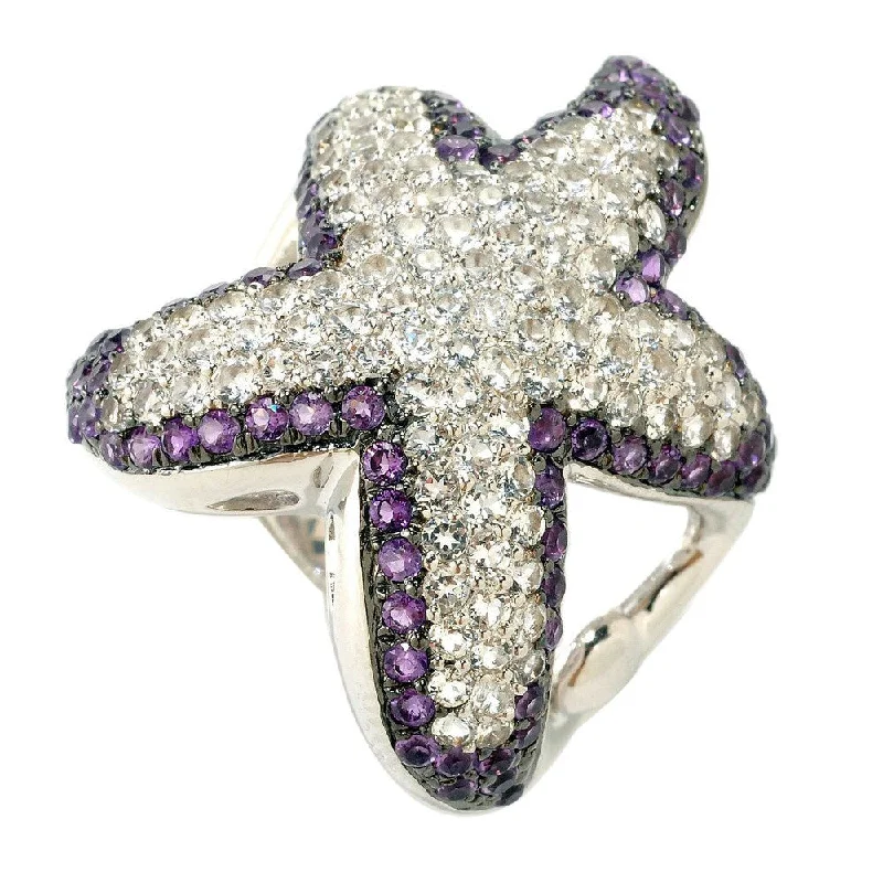 Bright stone ring-Sterling Silver Amethyst and White Topaz Starfish Ring