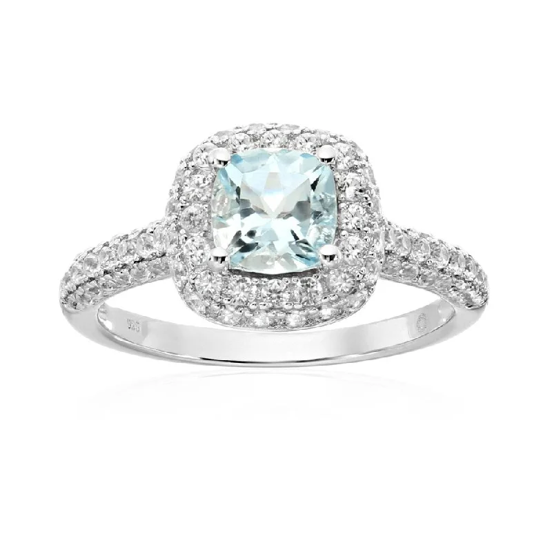 Leaning stone ring-Sterling Silver Aquamarine Cushion Halo Engagement Ring