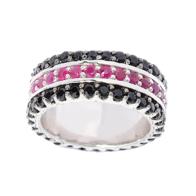 Light braid ring-Sterling Silver Black Spinel and Ruby Three-row Iternity Band Ring