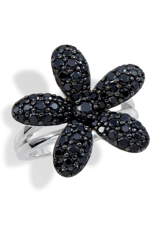 Parted-shank ring-Sterling Silver Black  Spinel Flower