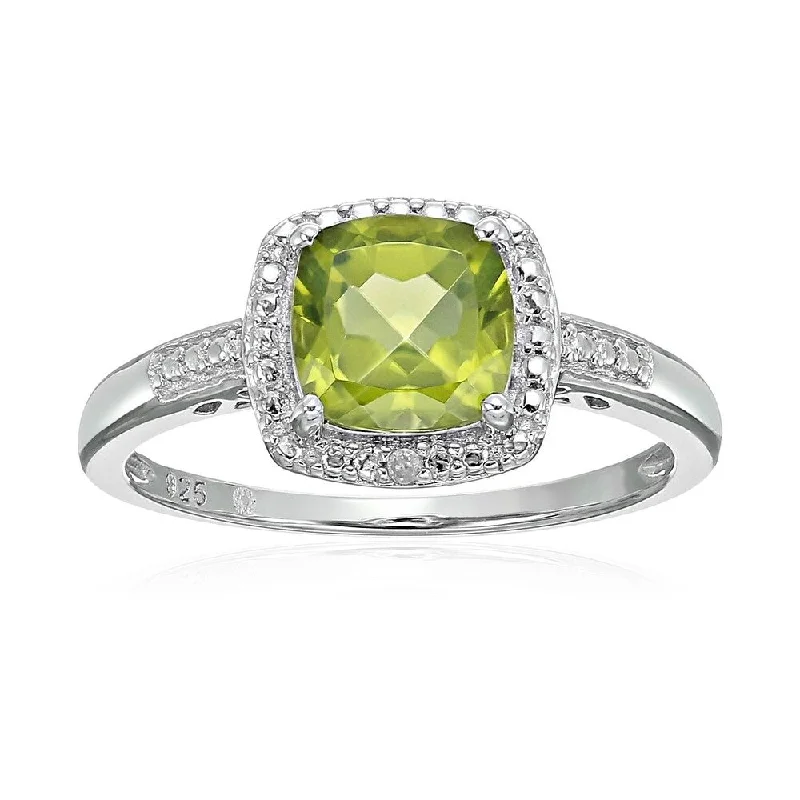 Embossed pattern ring-Sterling Silver Cushion Peridot & Diamond Engagement Ring, Size 7