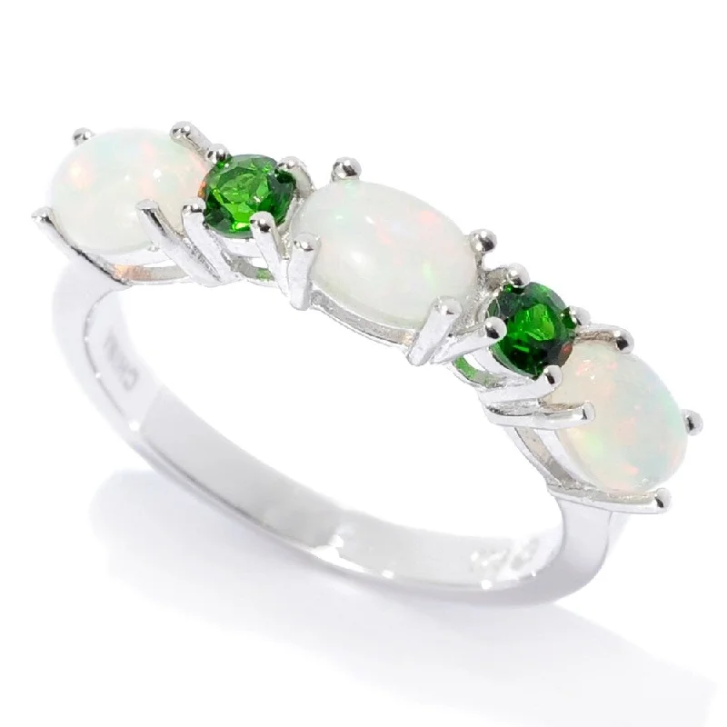 Polished zinc ring-Sterling Silver Ethiopian Opal & Chrome Diopside 5-Stone Band Ring