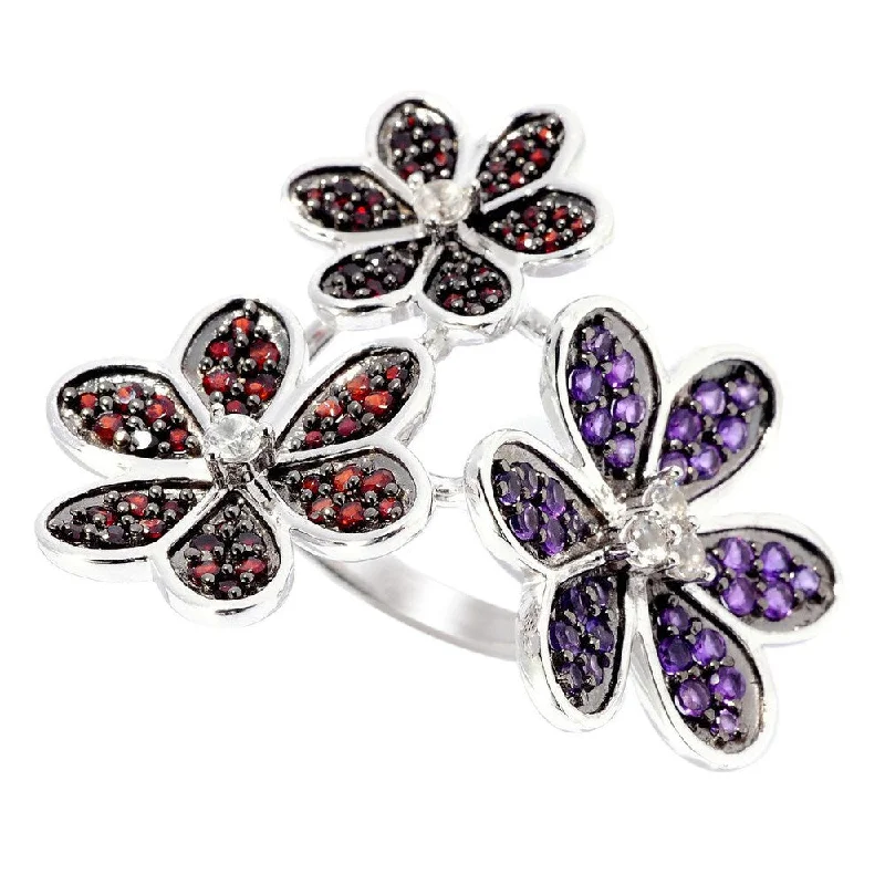 Elastic stone ring-Sterling Silver Garnet, White Zircon and Amethyst Three Flower Ring