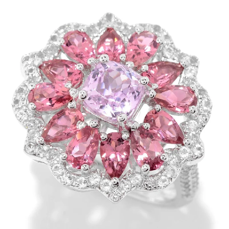 Mottled gem ring-Sterling Silver Kunzite, White Topaz, and Toumaline Flower Ring