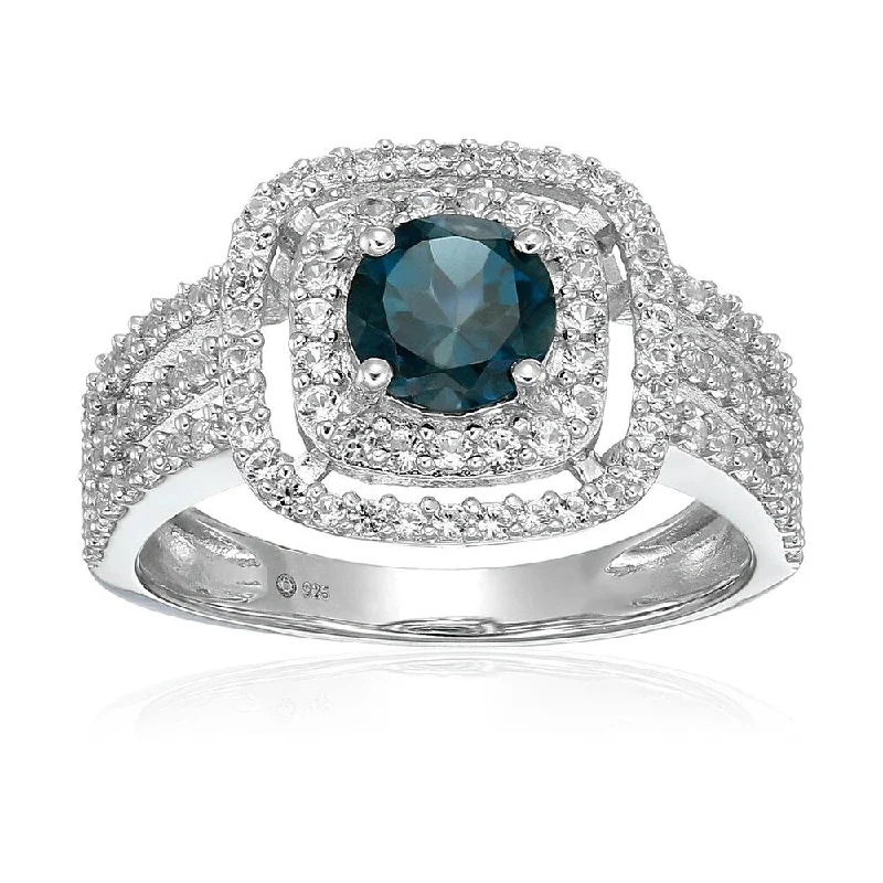 Elevated gem ring-Sterling Silver London Blue Topaz and Created White Sapphire Double Halo Engagement Ring, Size 7