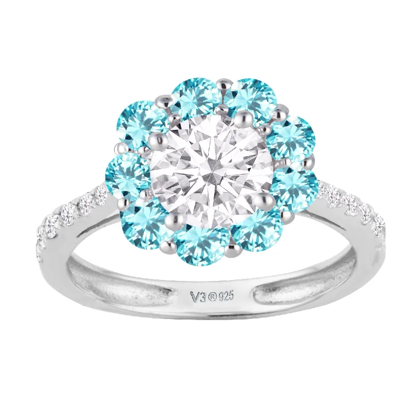 Etched band ring-Sterling Silver Moissanite, Blue Zircon and White Diamond Halo Ring