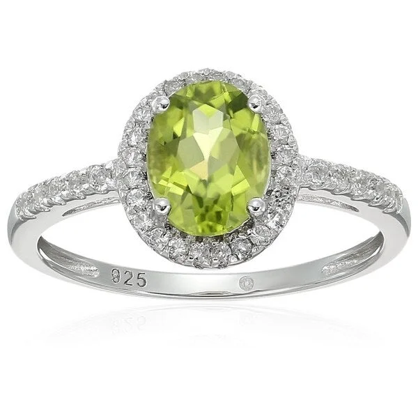 Seven-stone ring-Sterling Silver Oval Peridot, White Topaz Ring - Green