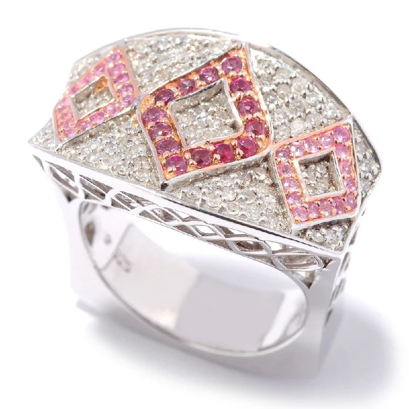 Stippled band ring-Sterling Silver Rhodolite, Pink Sapphire, and 3/8 TCW Diamond Ring (H-I, I1-I2)