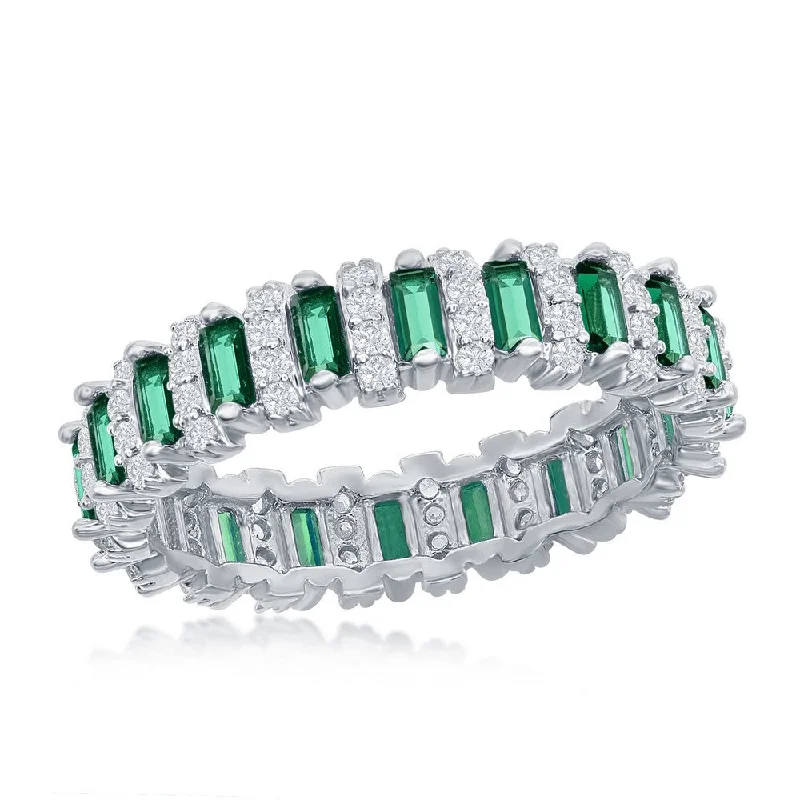 Torn rim ring-Sterling Silver Round & Baguette Eternity Band Ring - Emerald CZ