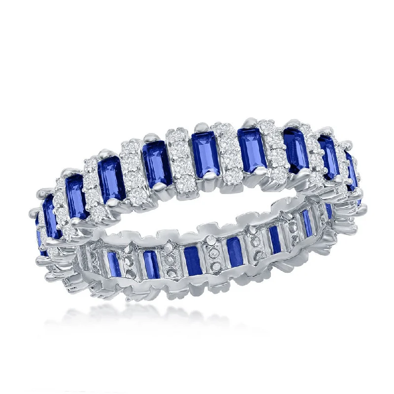 Curled wire ring-Sterling Silver Round & Baguette Eternity Band Ring - Simulated Sapphire - Size 9