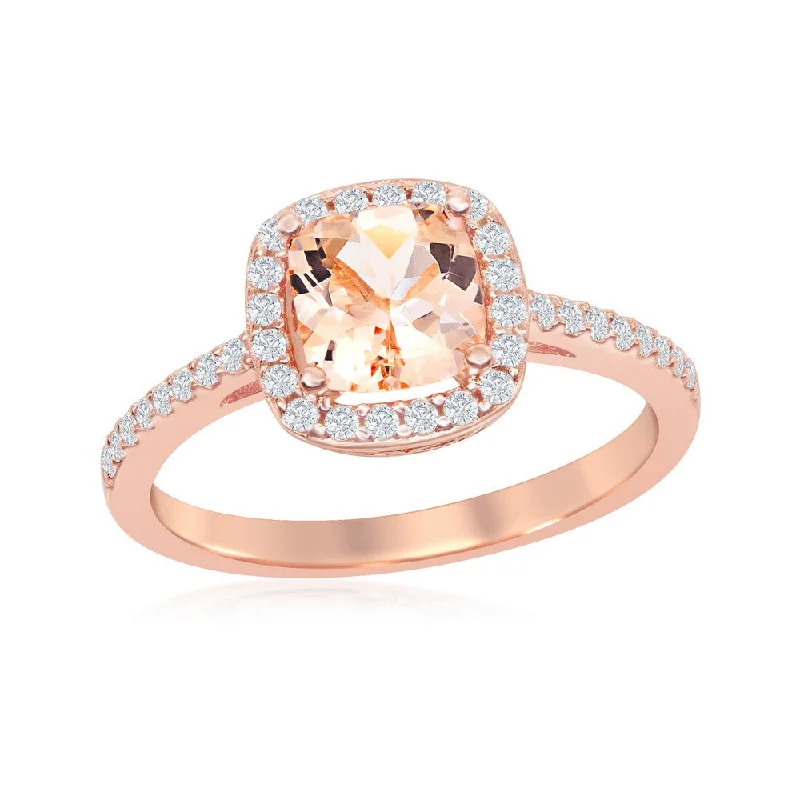 Glimmering aquamarine ring-Sterling Silver Square Morganite CZ with White CZ Border Ring - Rose Gold Plated