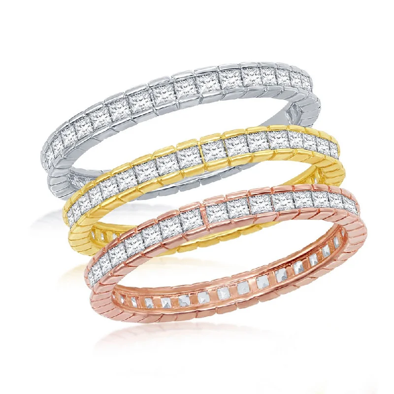 Smelted gold ring-Sterling Silver Tri-Color Channel-Set Baguette CZ Eternity Triple Band Ring