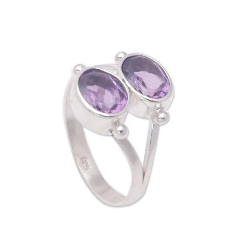 Pleated edge ring-Sterling Silver 'Twin Spirits' Amethyst Ring