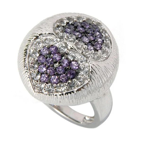 Glowing amethyst ring-Sterling Silver White Topaz and Amethyst Heart Texture Ring