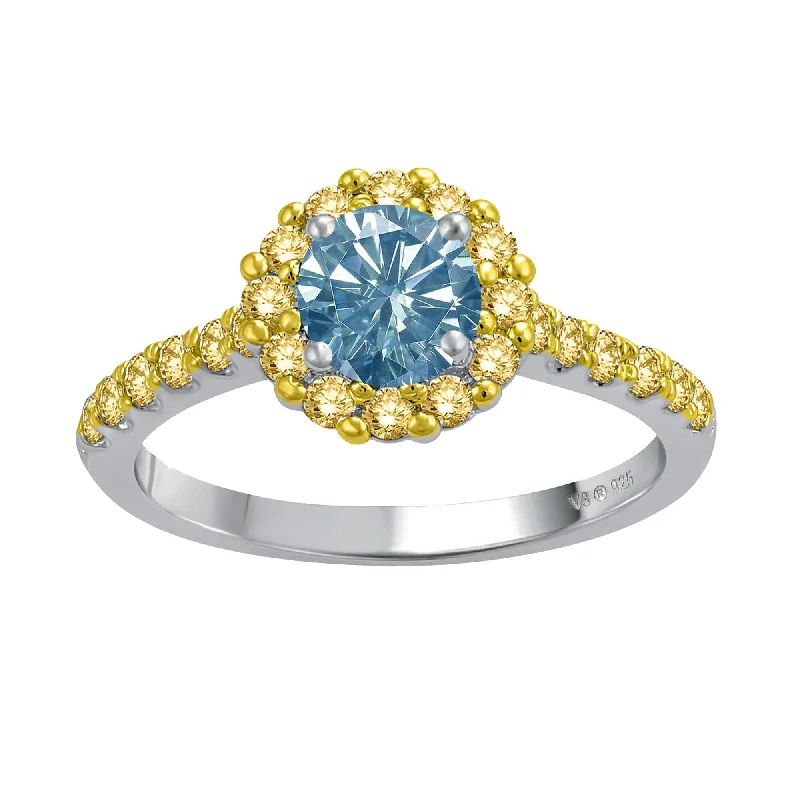 Smelted silver ring-Sterling Silver with Blue Moissanite and Yellow Sapphire Halo Ring