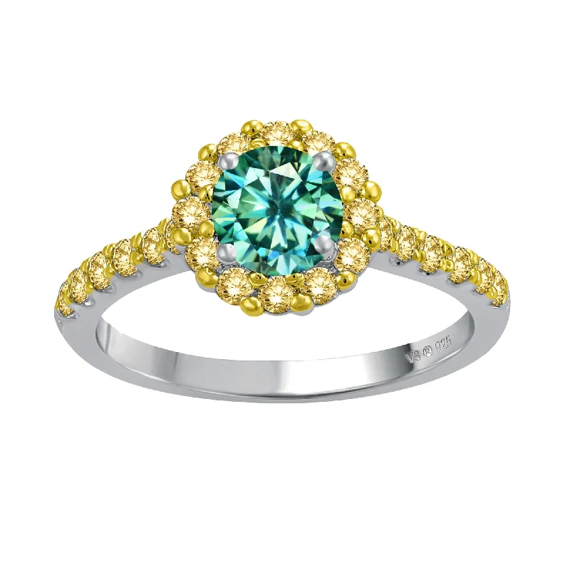 Rolling tide ring-Sterling Silver with Green Moissanite and Yellow Sapphire Halo Ring