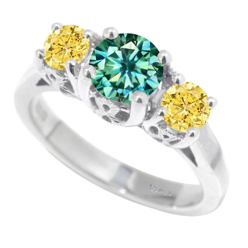 Piled birthstone ring-Sterling Silver with Green Moissanite & Yellow Moissanite 3 Stone Ring