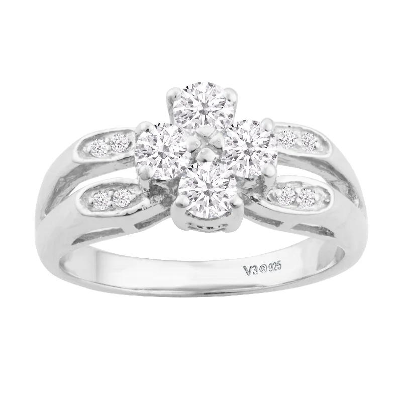 Embossed gem ring-Sterling Silver with Moissanite and Genuine White Diamond Flower Ring