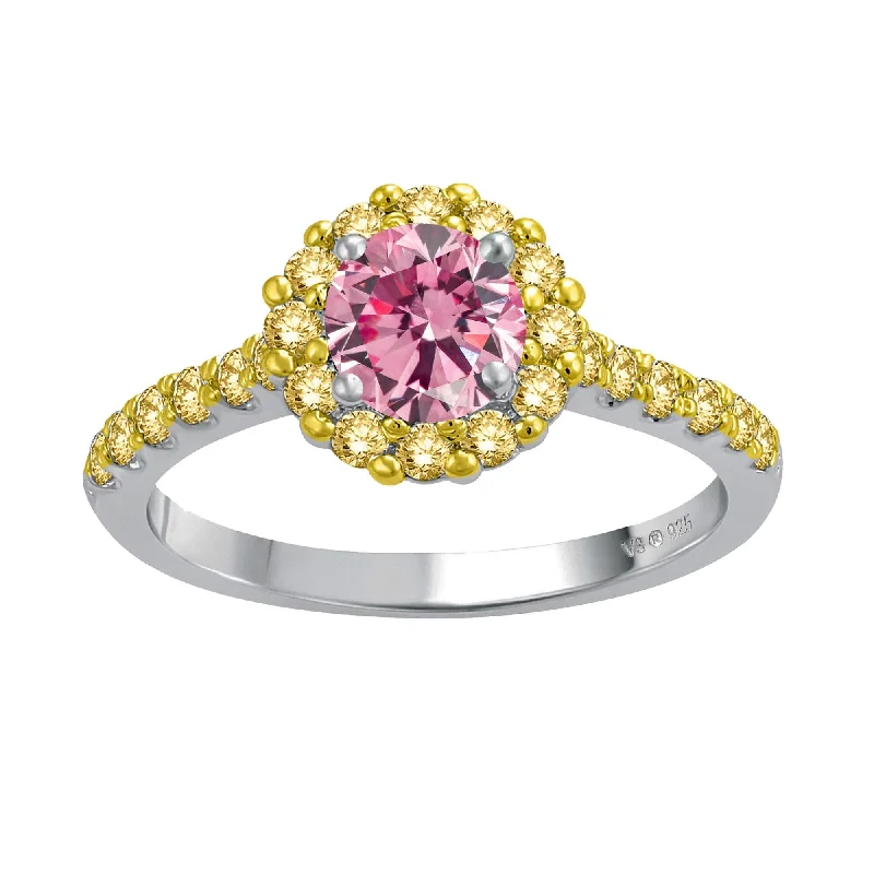 Channeled design ring-Sterling Silver with Pink Moissanite and Yellow Sapphire Halo Ring