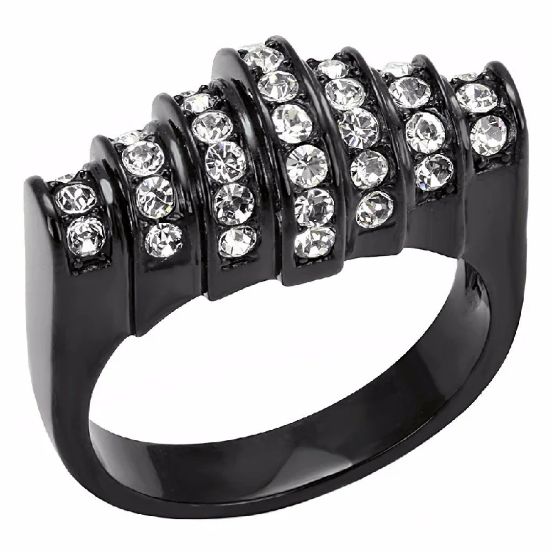 Lush agate ring-Top Clear Crystals Set in Black Ion Plated Stainless Steel Designer Band