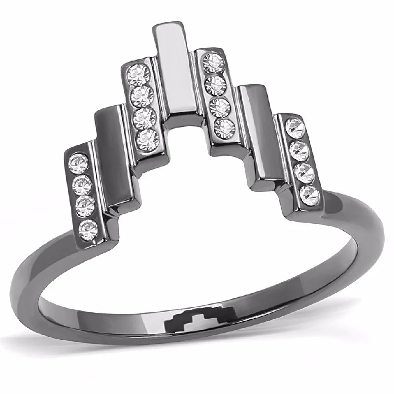 Pentagonal stone ring-Top Grade Clear Crystal Set in Light Black IP (IP Gun) Stainless Steel Band