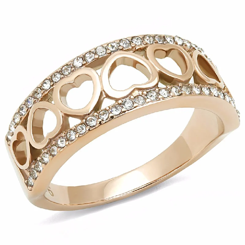 Sparkling gem ring-Top Grade Clear Crystal with Heart Link Rose Gold IP Stainless Steel Band