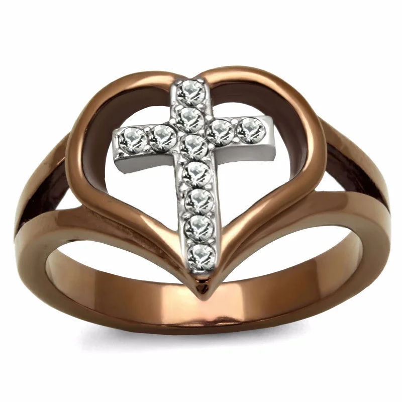 Lush emerald ring-Top Grade Crystal Cross in Heart Two-Tone Light Coffee IP Stainless Steel Ring