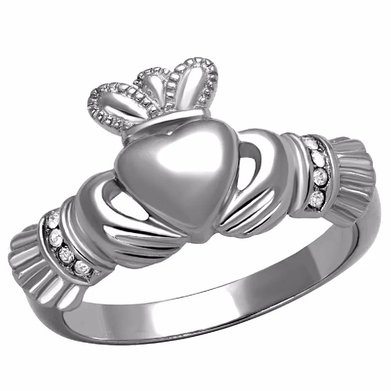 Peaked band ring-Top Grade Crystal in High Polish Stainless Steel Claddagh Ring