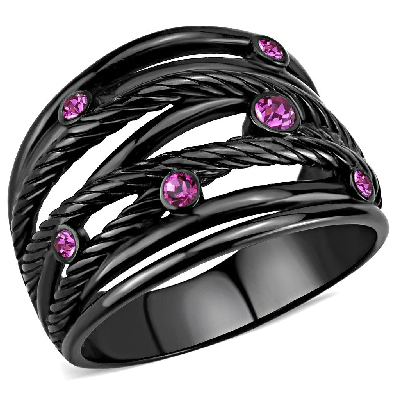 Rounded gem ring-Top Grade Fuchsia Crystal Designer Black IP Stainless Steel Womens Wide Band