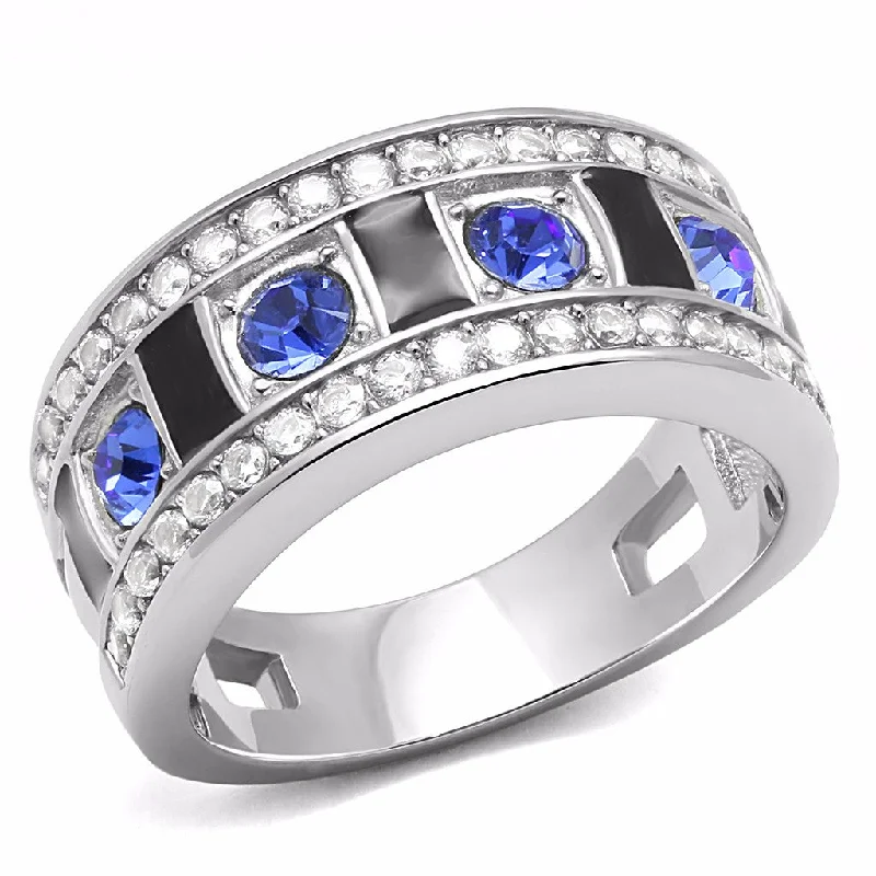 Satin shale ring-Top Grade Royal Blue and Clear Crystals Set in Stainless Steel Band