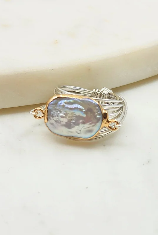 Glowing iolite ring-Torrey Ring in Freshwater Pearl